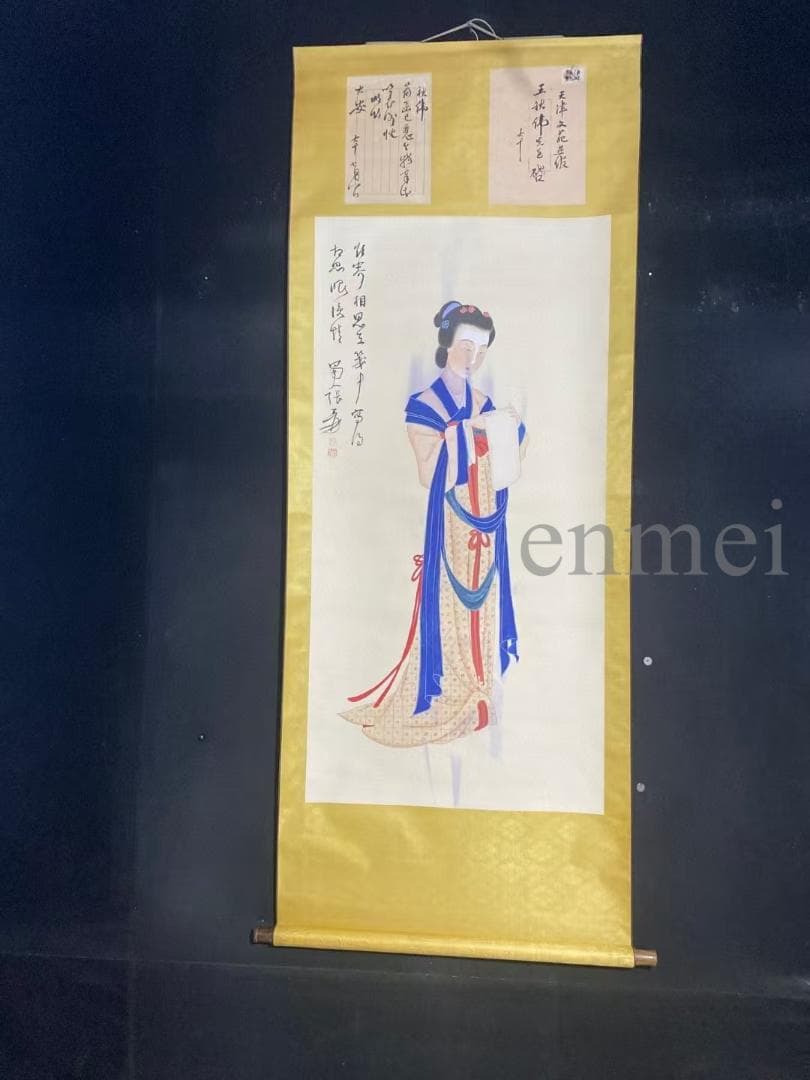 中国古美術・旧藏珍品・張大千款・仕女図・絹本・純手描き・掛軸・中堂畫・郵票落款