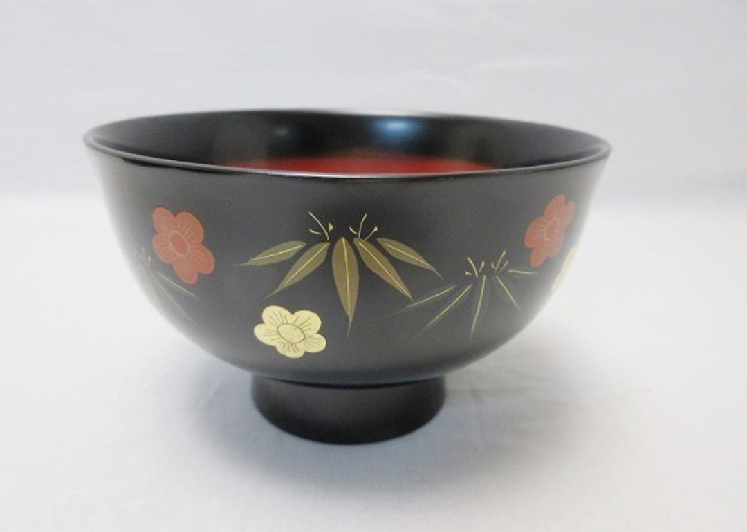 ほぼ未使用 懐石道具 木製黒塗 金彩花蒔絵 汁椀5客揃 瑾斎の漆器 内朱 元箱
