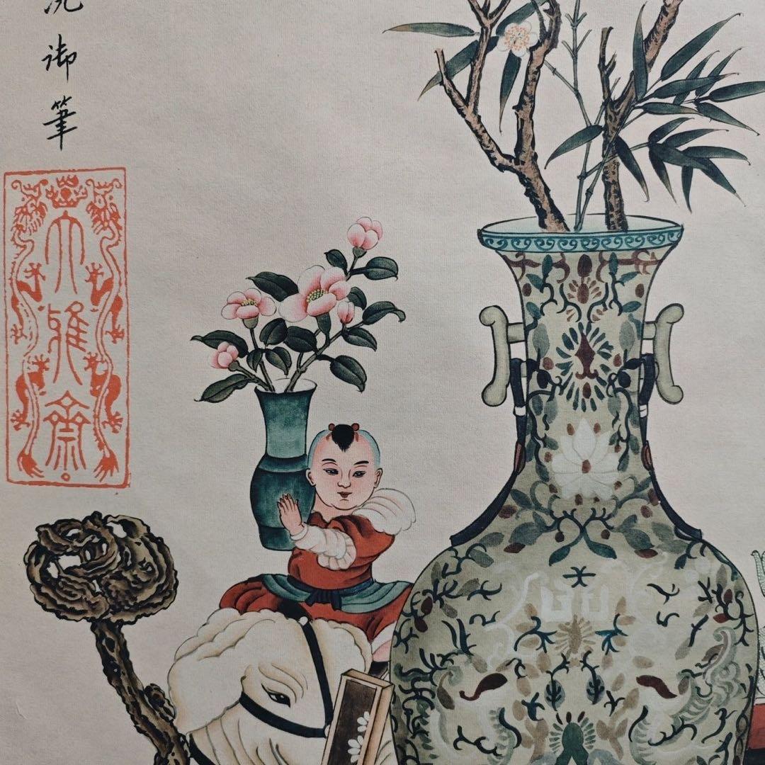 中国画・慈禧太后 花瓶宮花屏 四尺中堂 掛け軸／防偽仕様