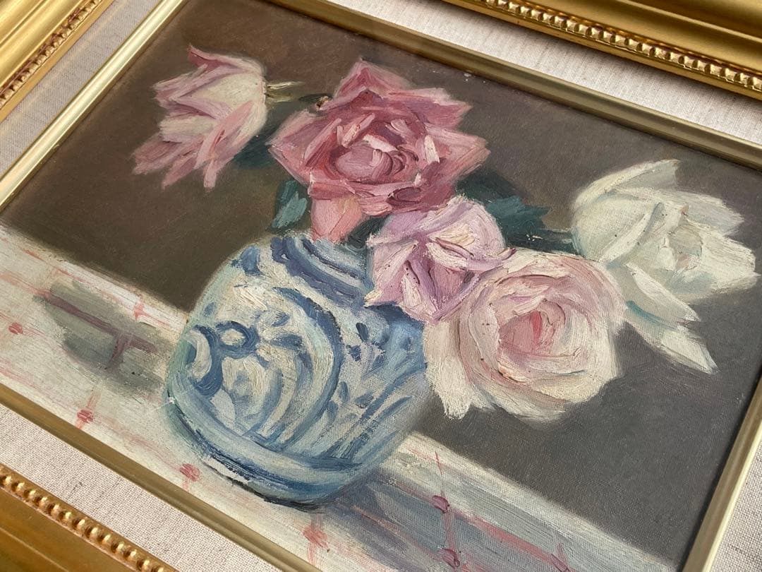 画家　加藤静児　静物　油彩画　油絵　額入　花　薔薇　薔薇の絵　バラ