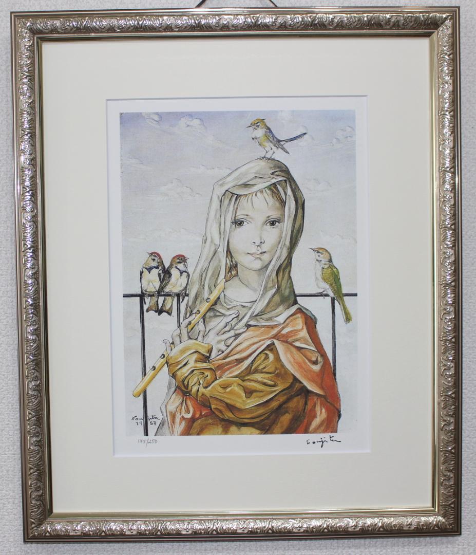 藤田嗣治 エスタンプリトグラフ「鳥と女性」 175/250