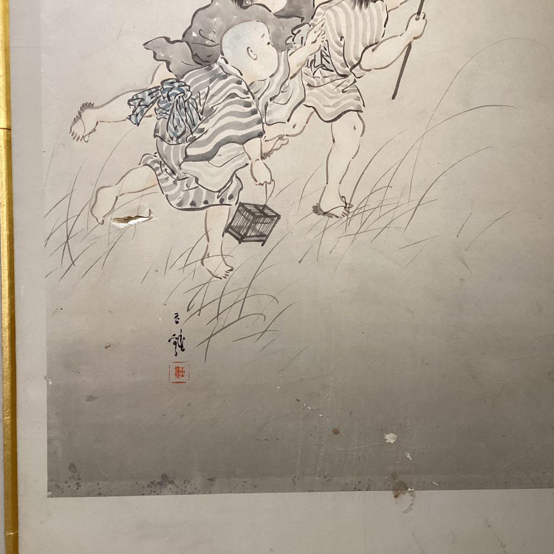 O-34日本の伝統的な屏風 子供遊びの図①六曲一双　パテーション水屋屏風としても