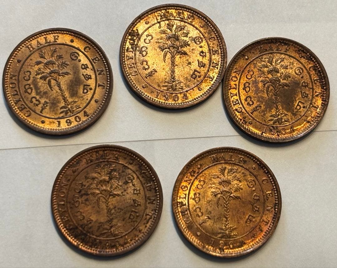外国　1904 セイロン 1/2 セント 銅貨古銭 5枚セット