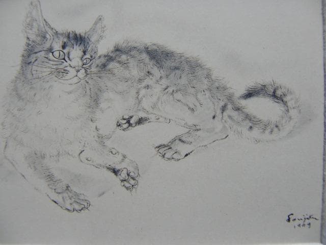 藤田嗣治、【猫】、希少な画集より、新品高級額・額装付