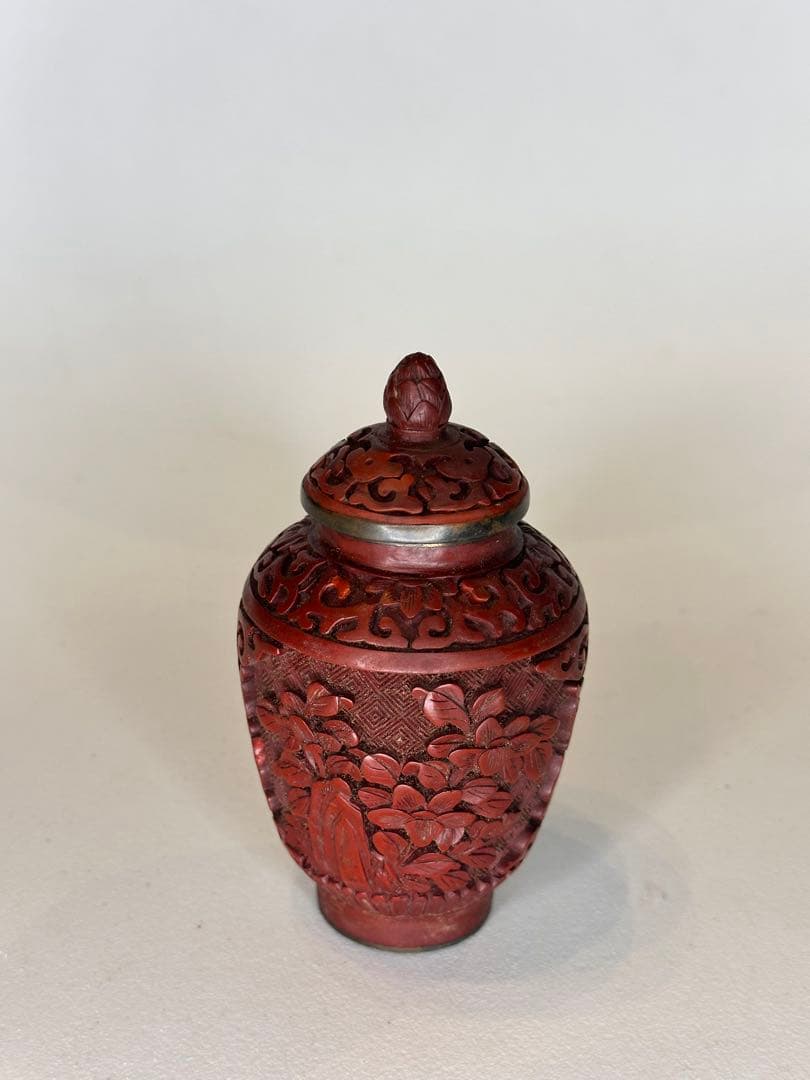 民国時代 剔紅 堆朱 壺 茶入 蓋付 彫漆文 時代物 中国古美術