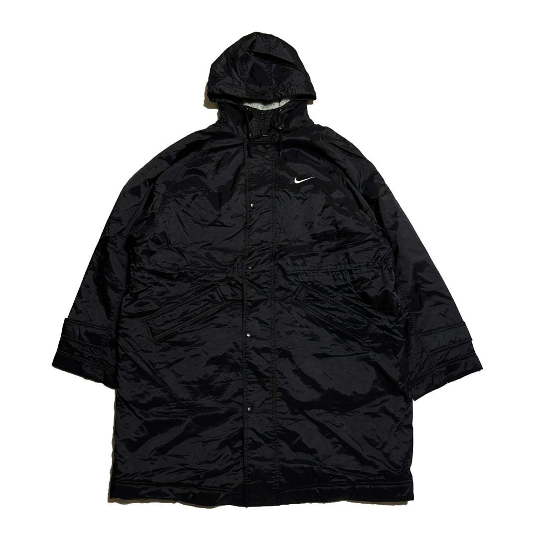 90s NIKE ベンチコート ロング 黒 グレー スオッシュ L 裏ボア 古着