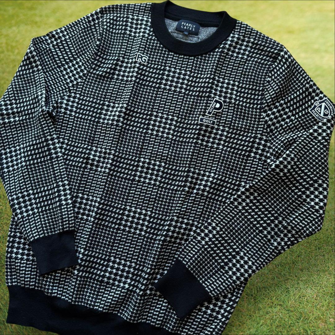 極美品　ウール100% パーリーゲイツ　ニット　M〜L相当　千鳥格子　黒　白　4