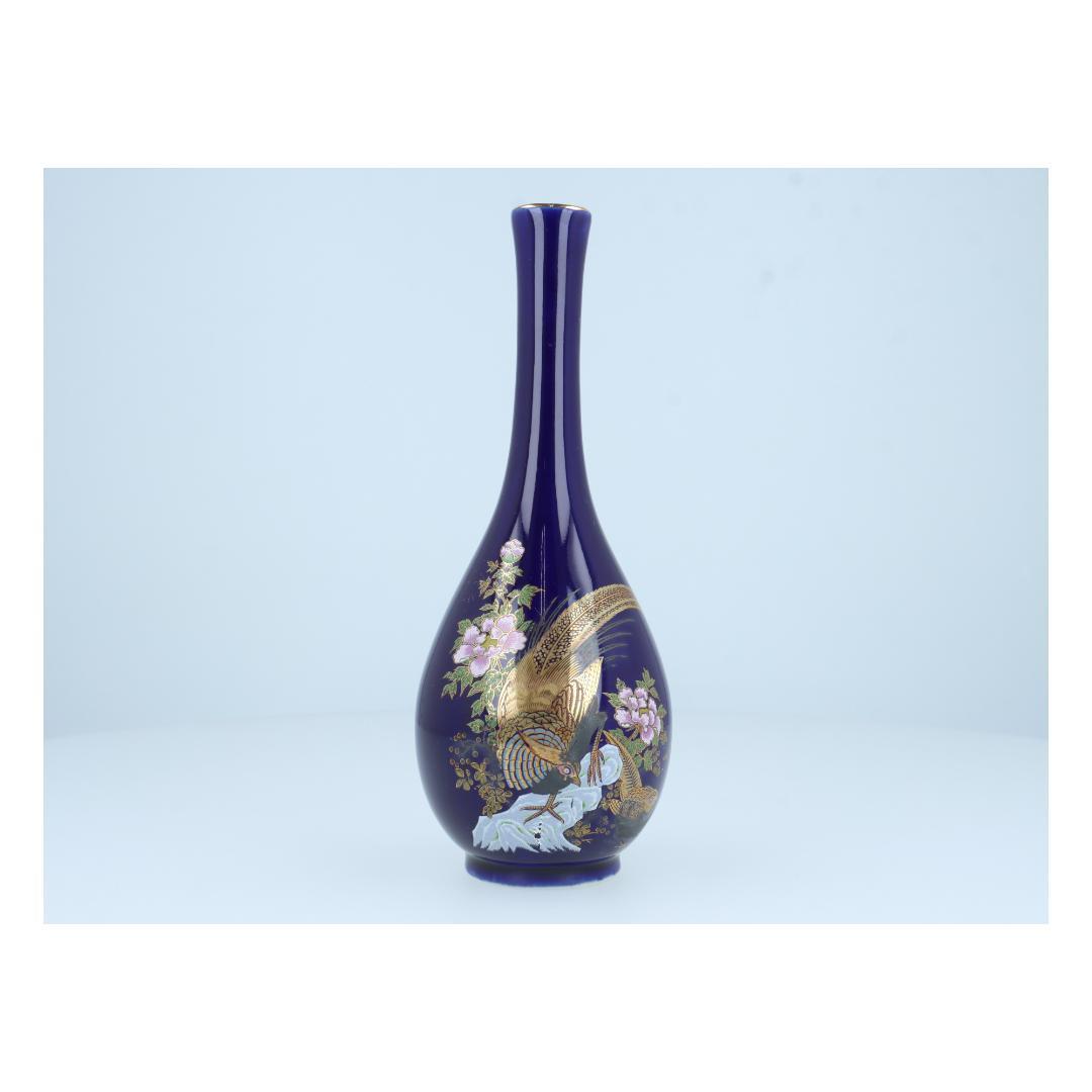 【美品】陶器製花瓶 金彩鳥花模様 ダークブルー アンティーク調 インテリア