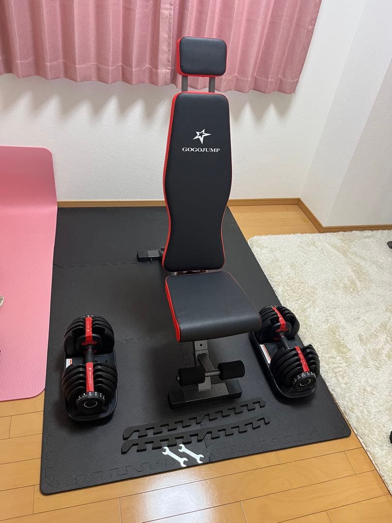 GOGOGUMP トレーニングベンチ 黒/赤 ダンベル、マット付き