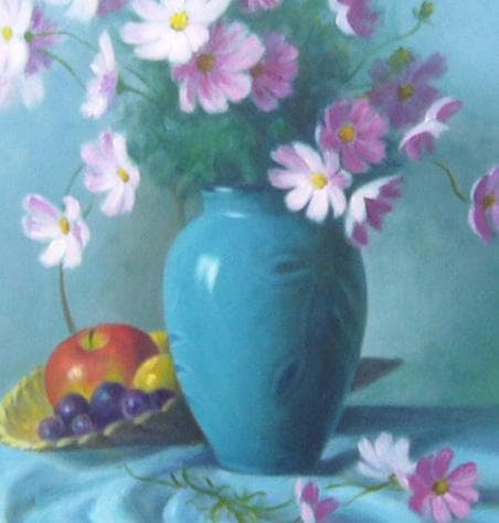絵画 油絵 田澤禮次 肉筆油絵 静物画 花瓶とコスモス F10