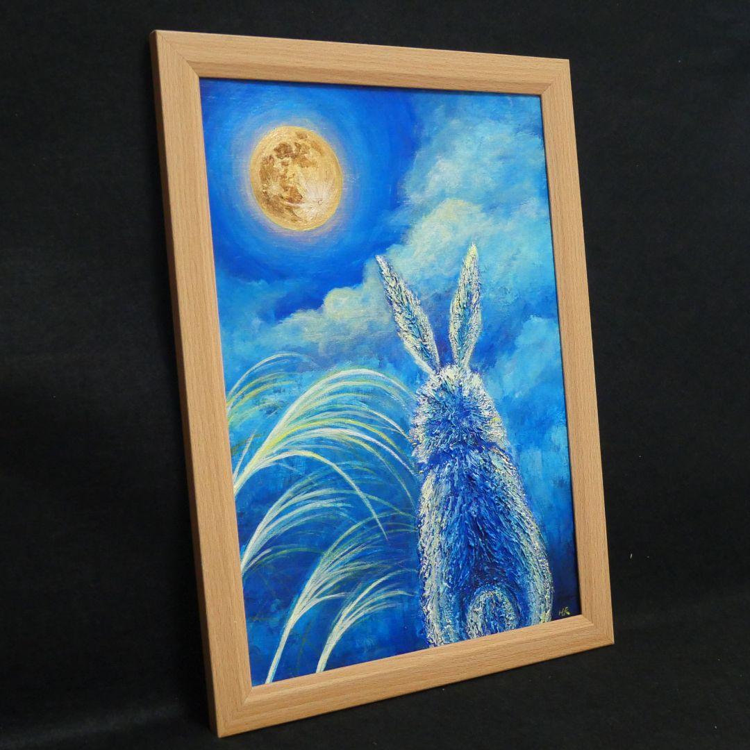 油絵 油彩 油彩画 絵 絵画【お月見うさぎ】