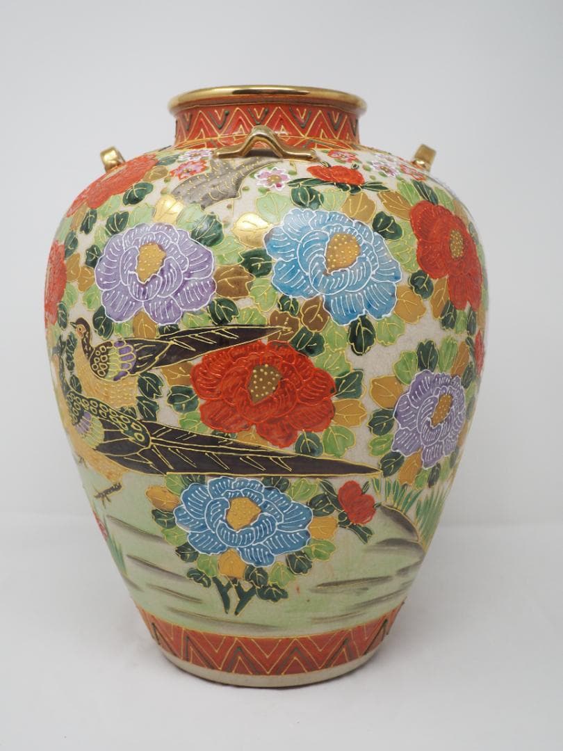色絵金彩花鳥図　花瓶　薩摩焼　耳付壺　-SO