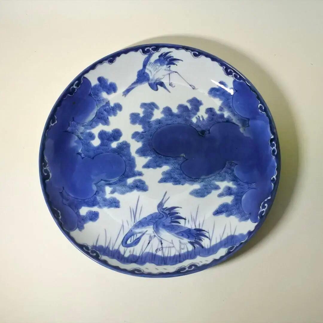 江戸後期　伊万里　染付　雲　鶴　松　大皿　飾皿　骨董品　アンティーク　i