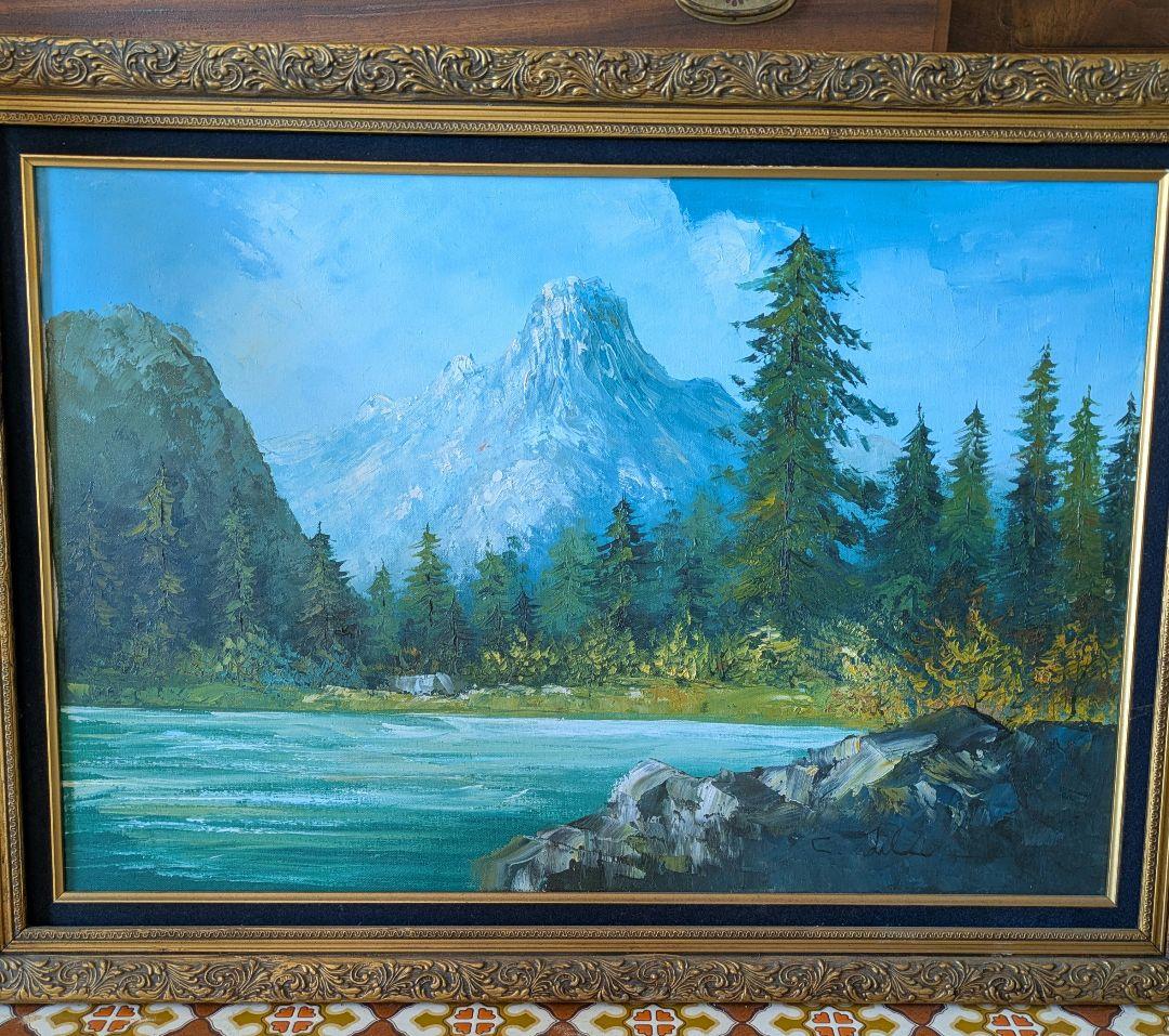 【さらに値下げ！】山と湖の風景 油彩画