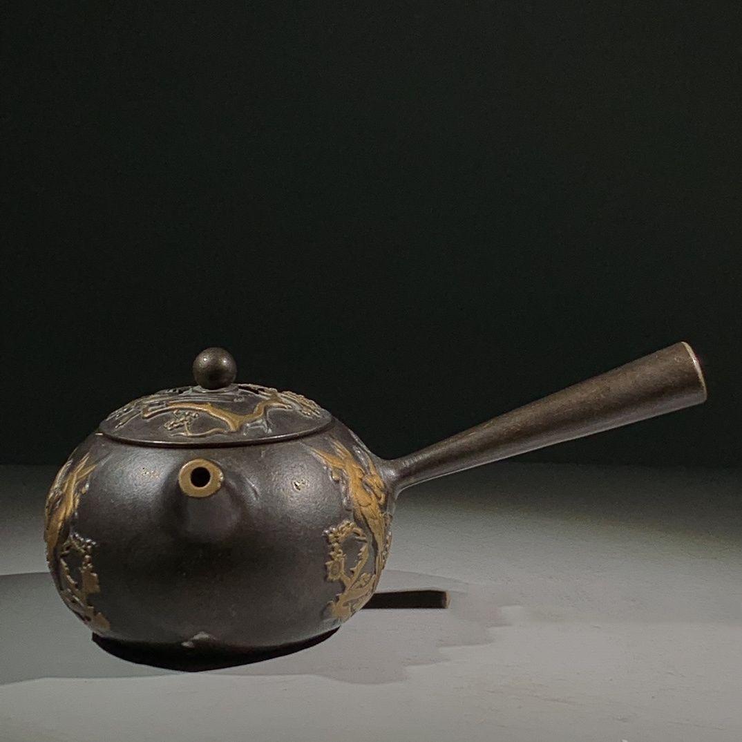 銅 細工 レリーフ歳寒三友松竹梅長把水筒 茶器 茶道具工芸品 美術品 置物