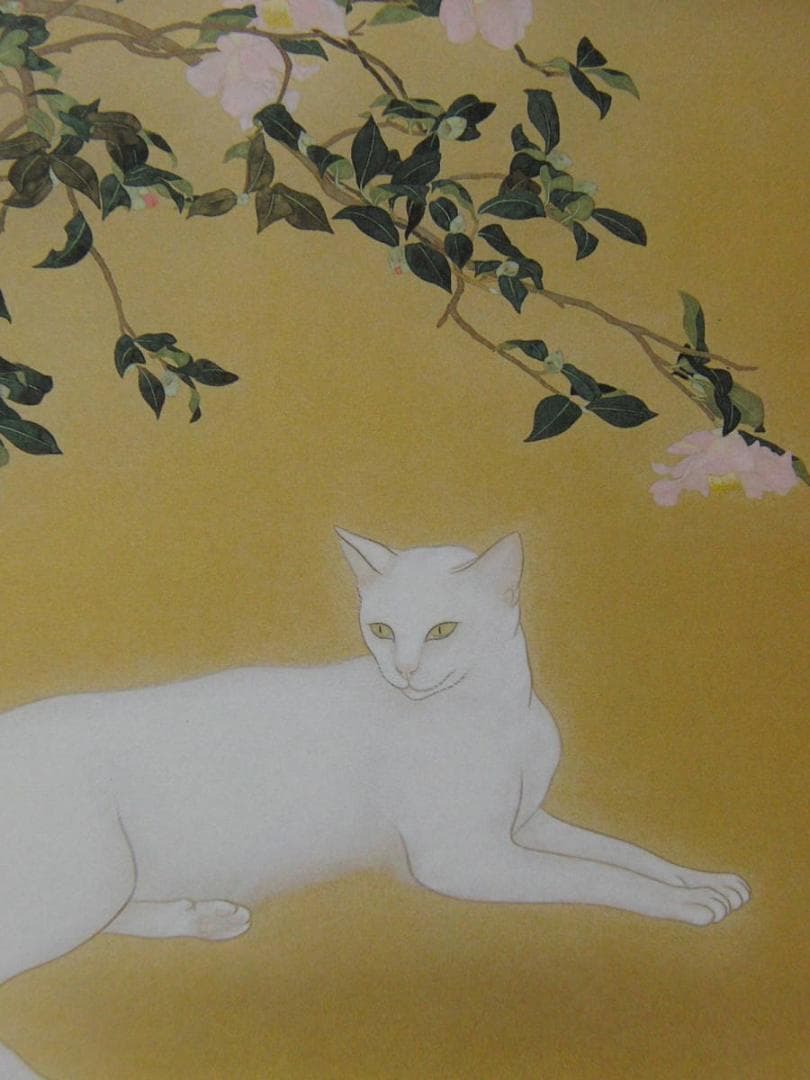 前本利彦、【椿下白猫】、希少画集画、新品高級額 額装付、状態良好