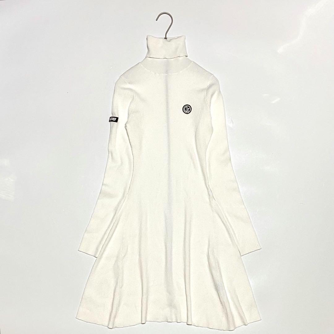 美品 CPG GOLF ハイネック フレア リブニット ワンピース ホワイト 2