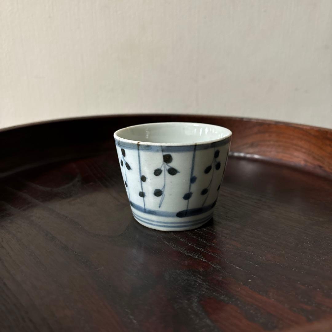 古伊万里染付　格子縞　蔓草文　⑤蕎麦猪口　江戸初期前期　アンティーク　白磁　李朝