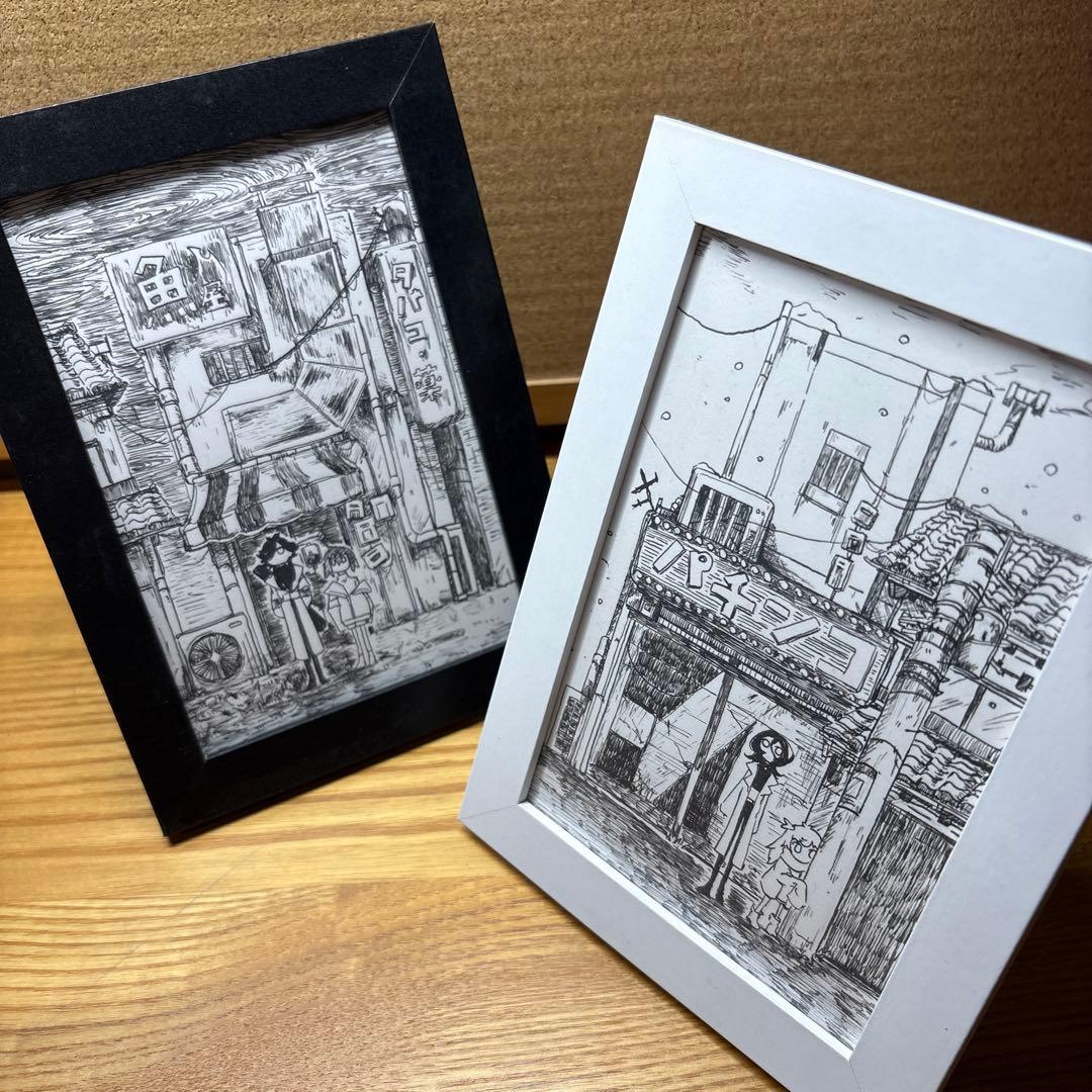 ペン画 黒と白の商店街 ハンドメイド2点セット