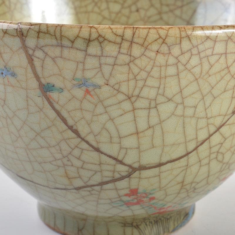 中国　哥窯　青磁　金絲鉄線　花文茶碗　金継ぎ直し　時代箱　C　6602
