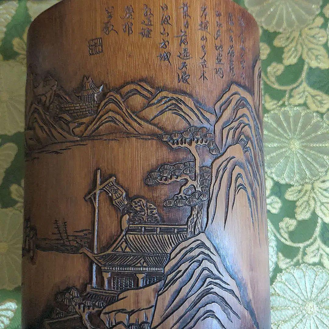 【最終価格】 中国骨董　山水図筆筒　詩文彫刻　時代品