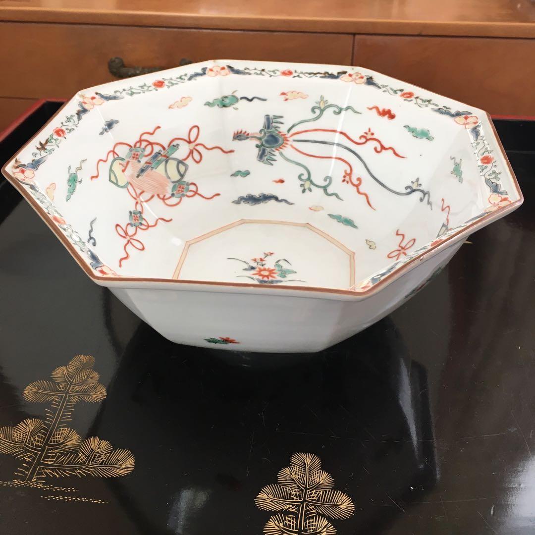 アンティーク　色絵柿右衛門　宝尽　瑞鳥　鹿　紅葉　八角鉢