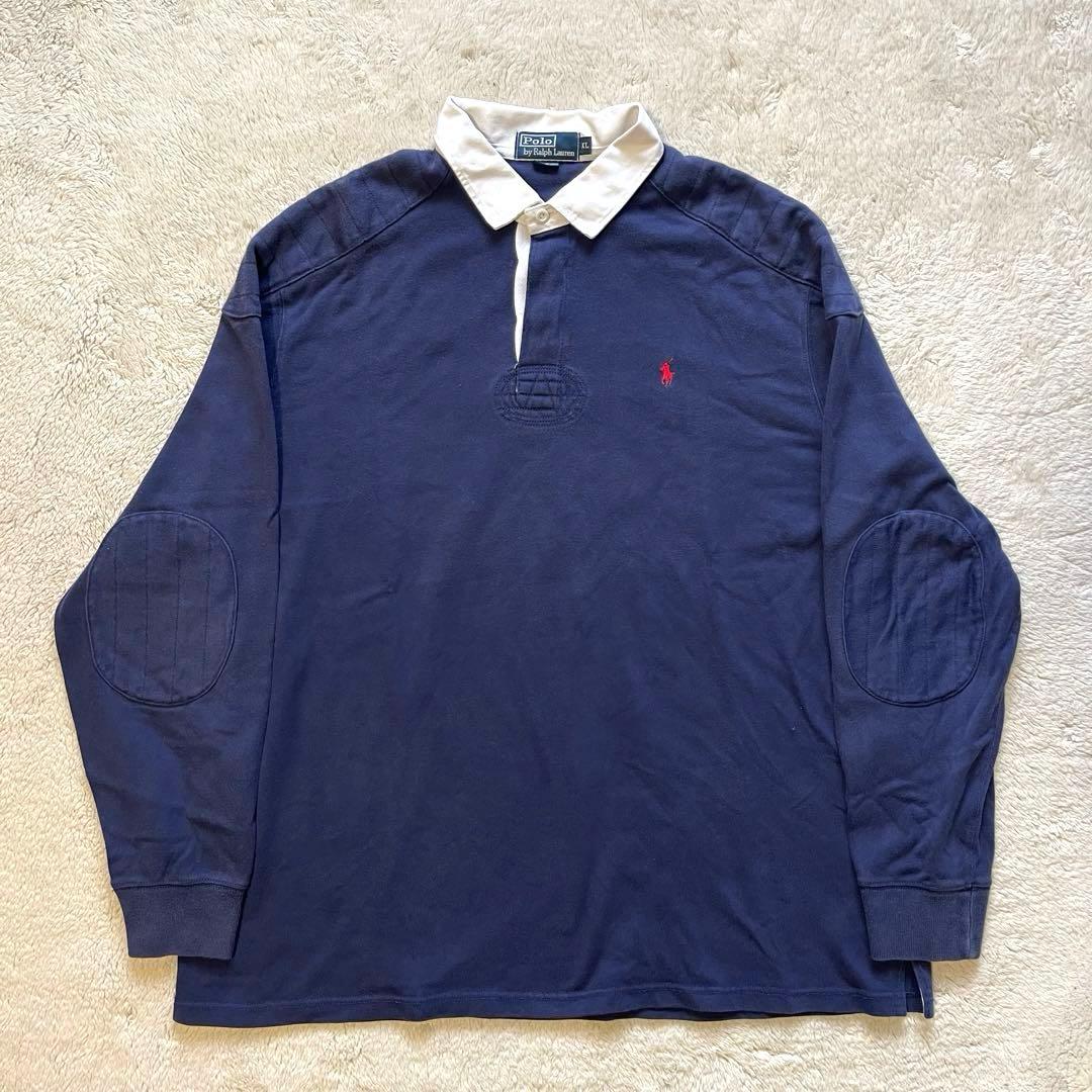 90s ポロ　ラルフローレン　エルボーパッチ　ラガーシャツ　 XL ネイビー