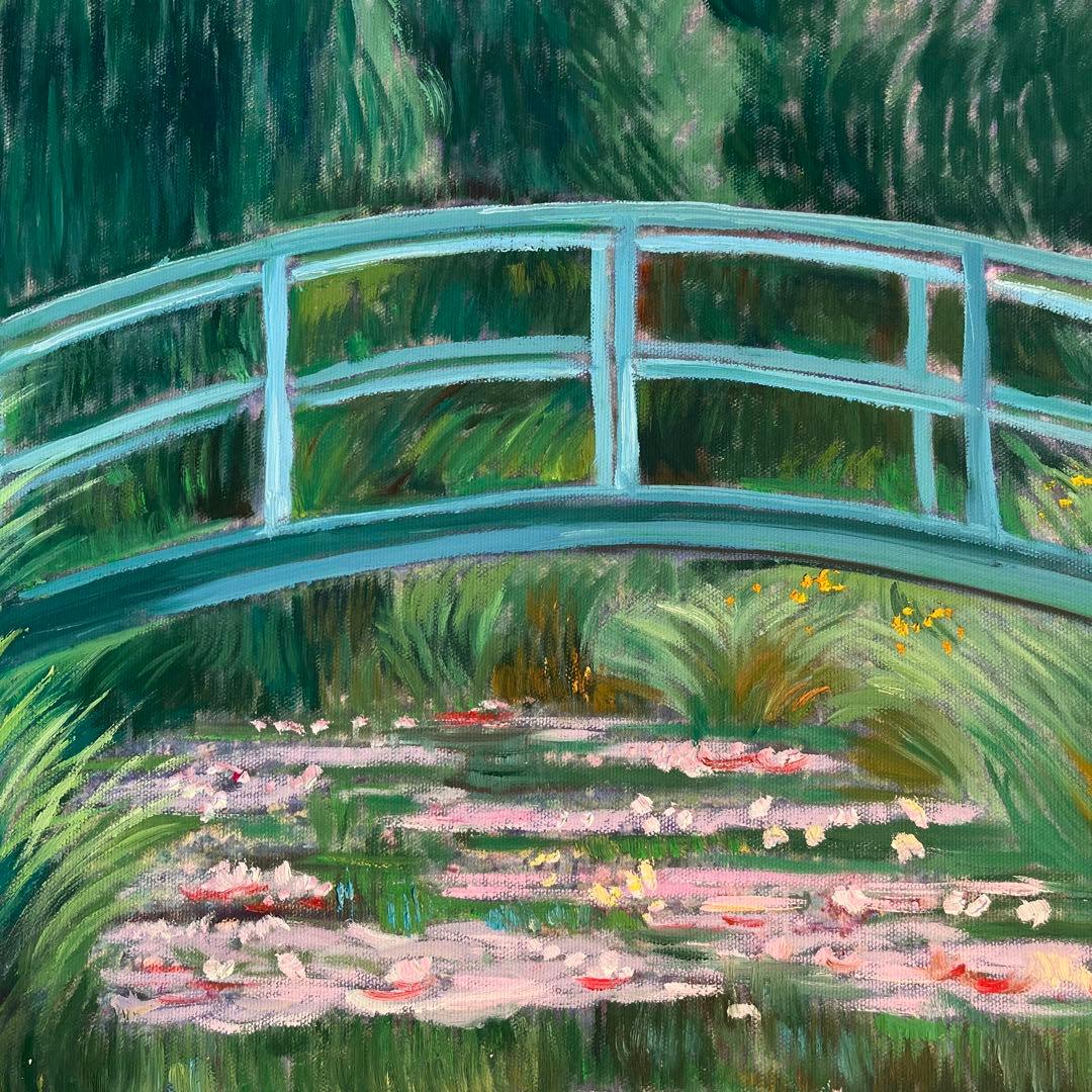 ★アウトレット★手書き油絵 モネ 睡蓮の池 日本の橋 額付 絵画 油彩画