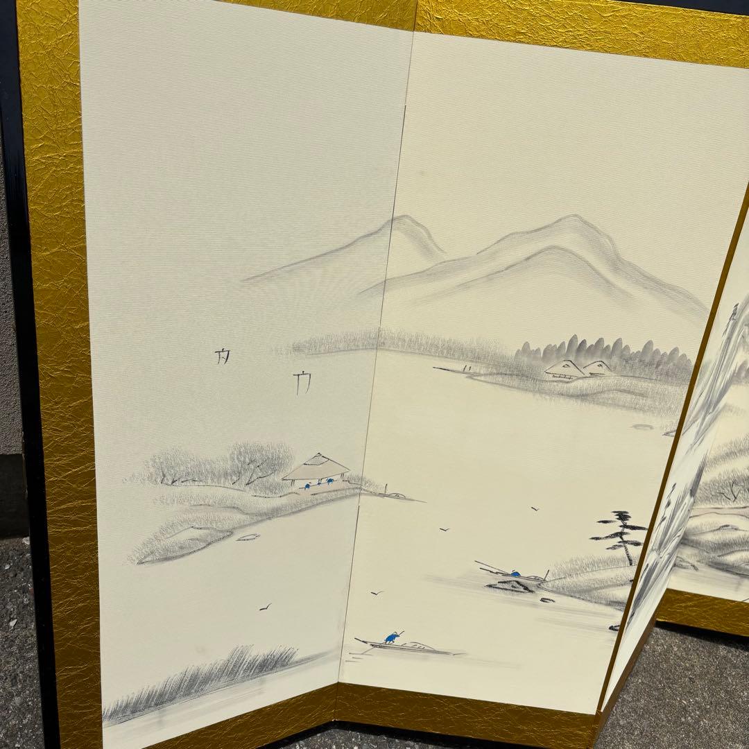 【秀峰銘】山水図屏風 風景図約259×116㎝ 金紙 片面 六曲 屏風 日本画