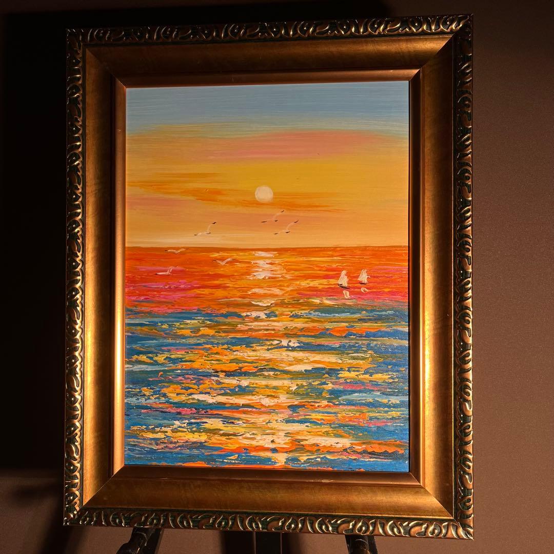 手描き油絵 sun set夕陽 額付 インテリア 油彩画 肉筆絵画