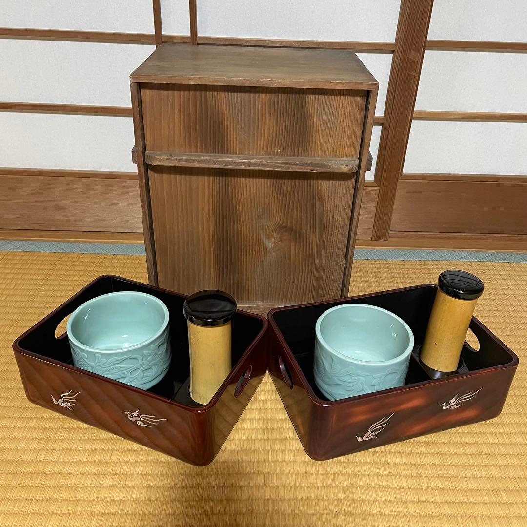 煙草盆　鳳凰　螺鈿　漆塗　タバコ盆　灰吹　昭和アンティーク　盆　青磁火入　竹灰吹