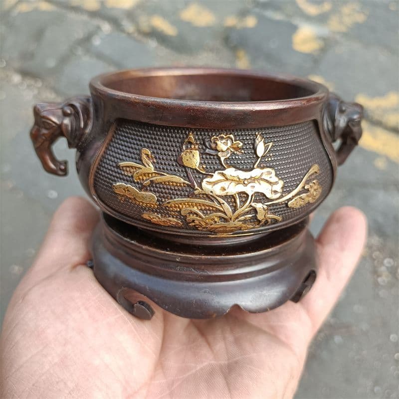 銅器 香炉 象耳彫花香炉 套炉 線香炉 装飾品 工芸品 置物