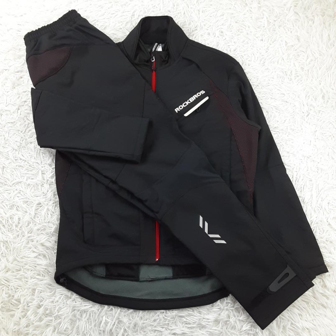 美品◎ROCKBROS ロックブロス サイクルジャージセットアップ 黒 防風防寒