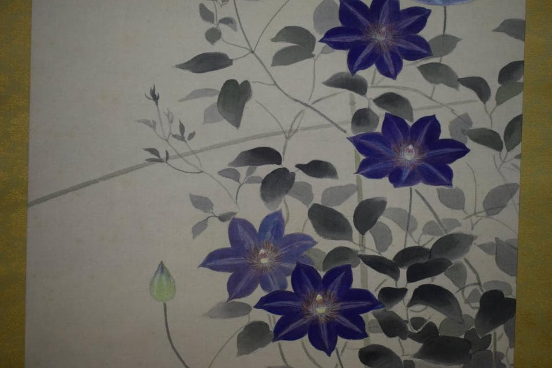 真作/白石勝敏/鉄仙花/桐共箱二重箱付/布袋屋掛軸HH-682