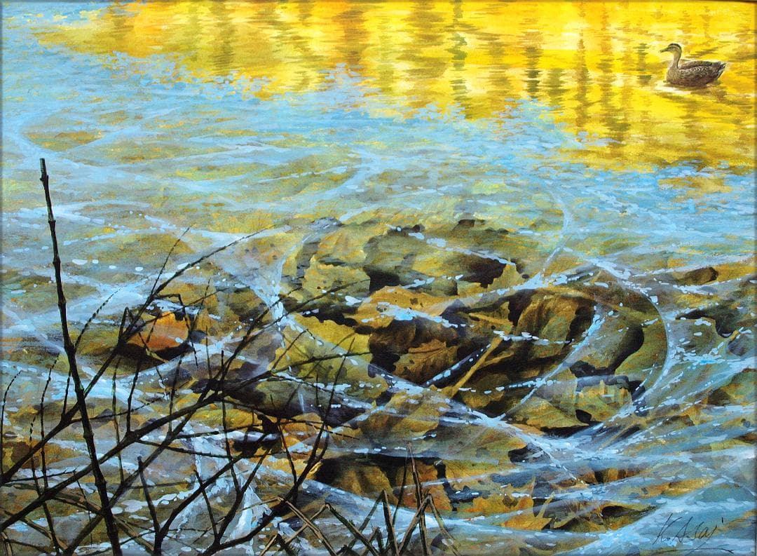 絵画「薄氷溶けて午後の陽だまり」　水彩画