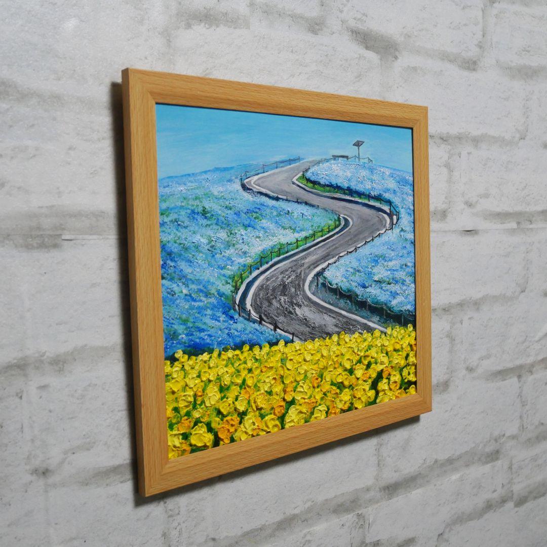 油絵 油彩 油彩画 絵 絵画 【ネモフィラと菜の花の道】