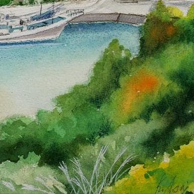 絵画「静かな漁港の昼さがり」　水彩画