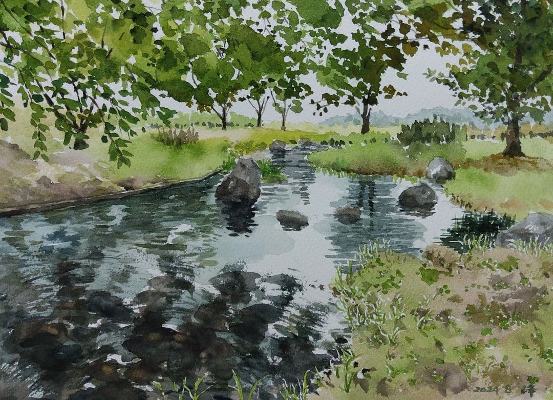 水彩画『水辺公園』