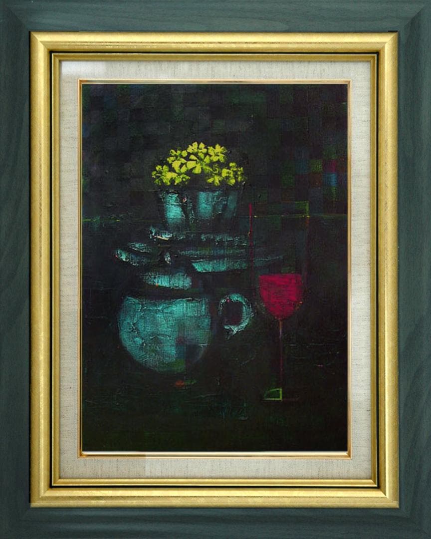 油絵 菅家令子絵 絵画インテリア額付(青緑＋金色の枠)uF6-063404静物花