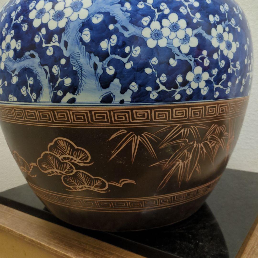 骨董　火鉢　梅の図　松竹梅　鉢カバー　睡蓮鉢　金魚　めだか