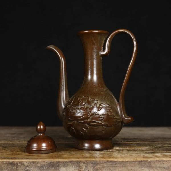 銅器 牡丹高把壺 徳利 装飾品 工芸品 置物