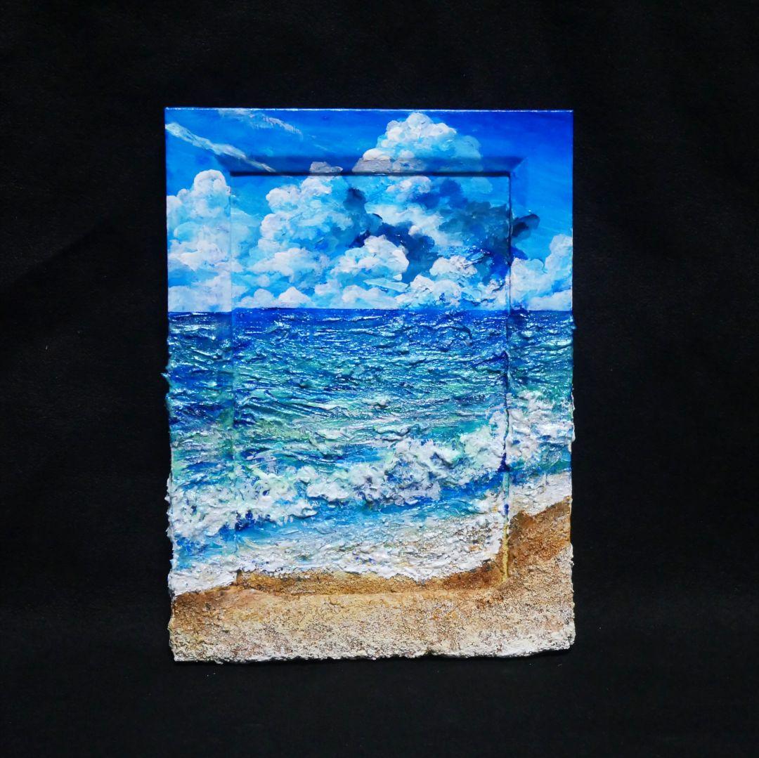 油絵 油彩 油彩画 絵 絵画 【夏の砂浜の海】ミニ絵画