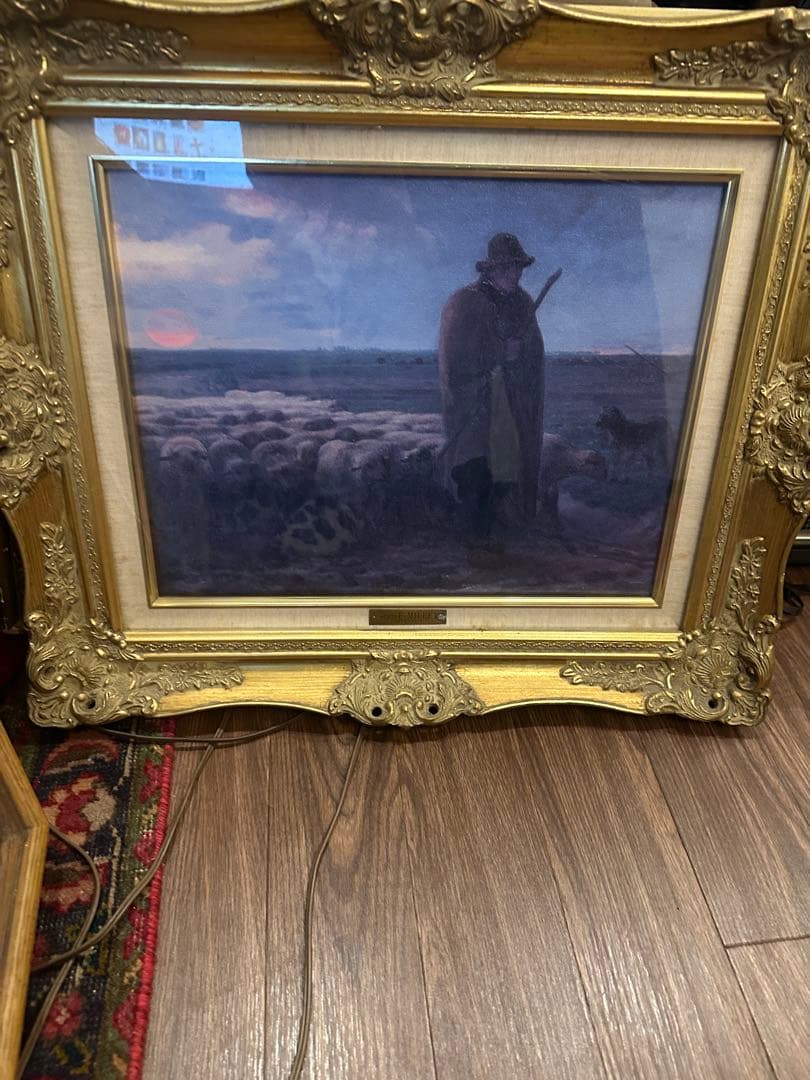 ジャン・フランソワ・ミレー　羊と牧人の絵画 金色フレーム　アンティーク風