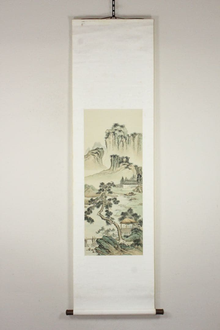 No5570掛軸　無落款　山水図　紙本着色　唐画　中国画　古画　古美術　送料無料