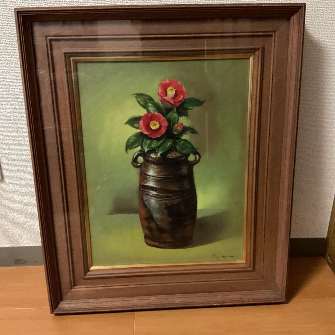 勝呂孝資作 油彩画 【 椿と備前焼 】 木枠額装 前面ガラス仕様