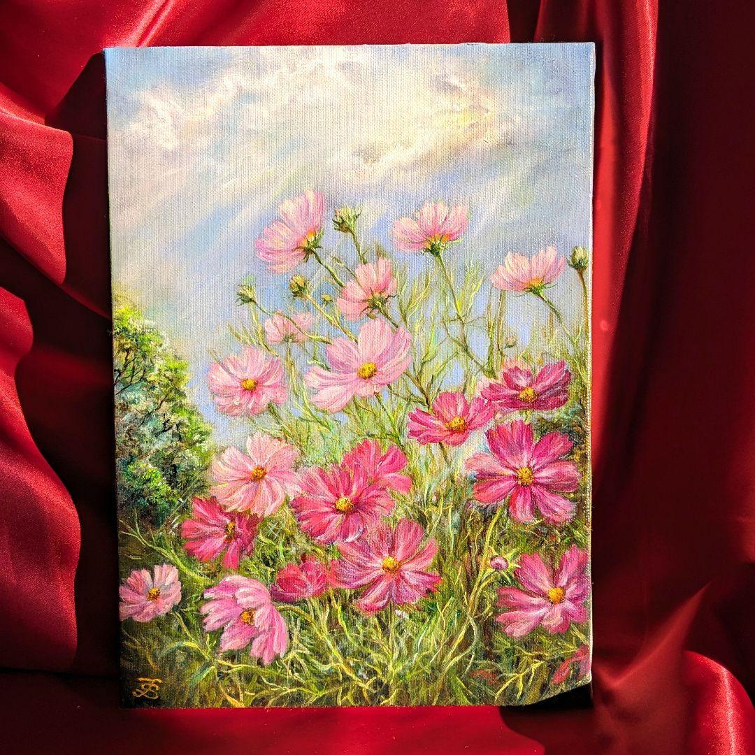 コスモス　風景画　painterTMK真筆　花風景画　肉筆　花絵画　油絵