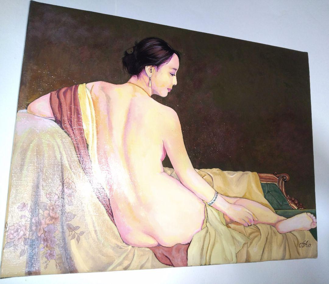 森本草介、絵画、裸婦、油彩６号、憩いの時、高級額縁、肉筆