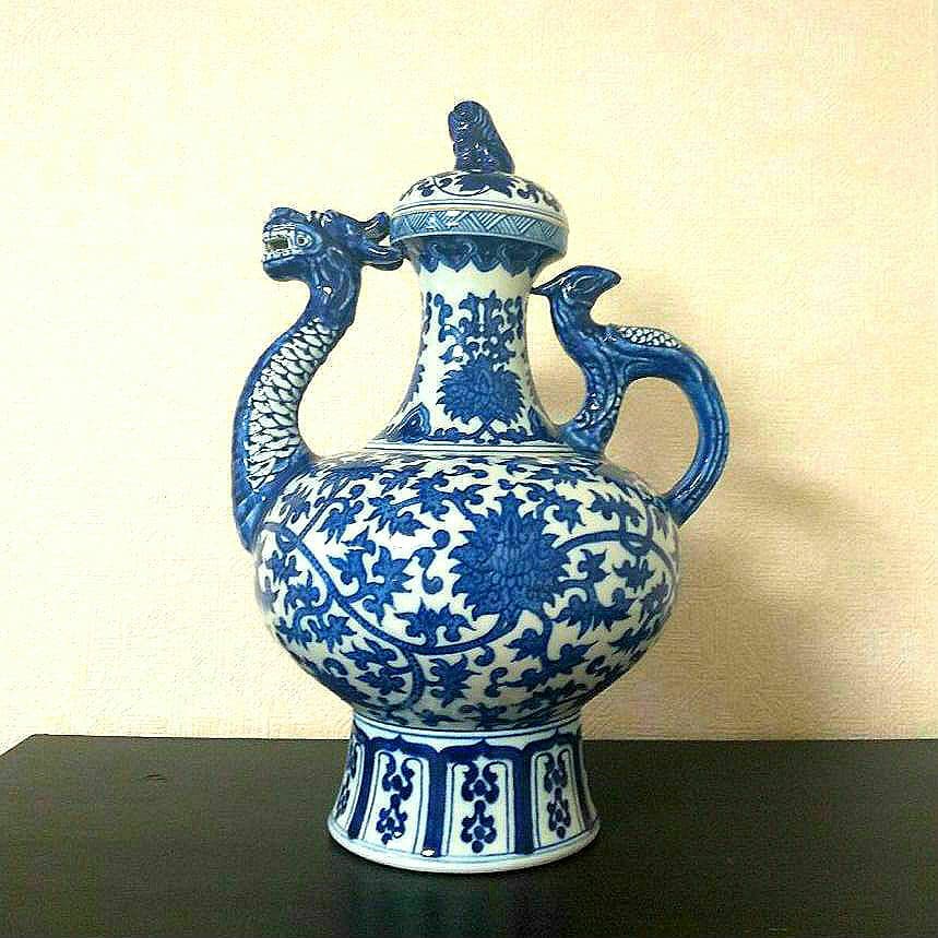 壺　陶器　美術品　工芸品　景徳鎮　水差し　龍　こまいぬ