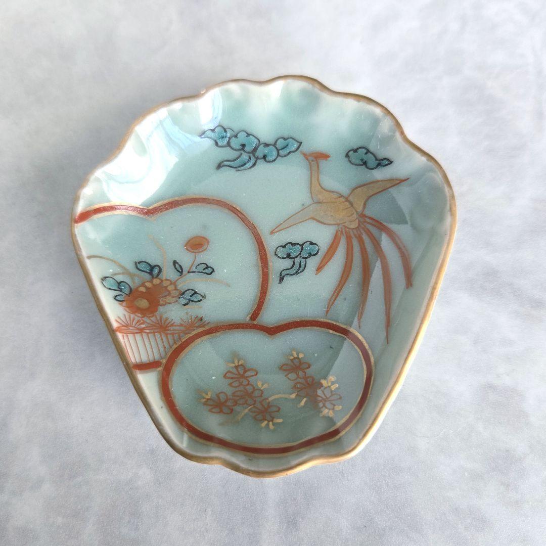 古伊万里　青磁　変形　小皿　豆皿　貝　赤絵　金彩　江戸時代　金直し　金継ぎ　骨董