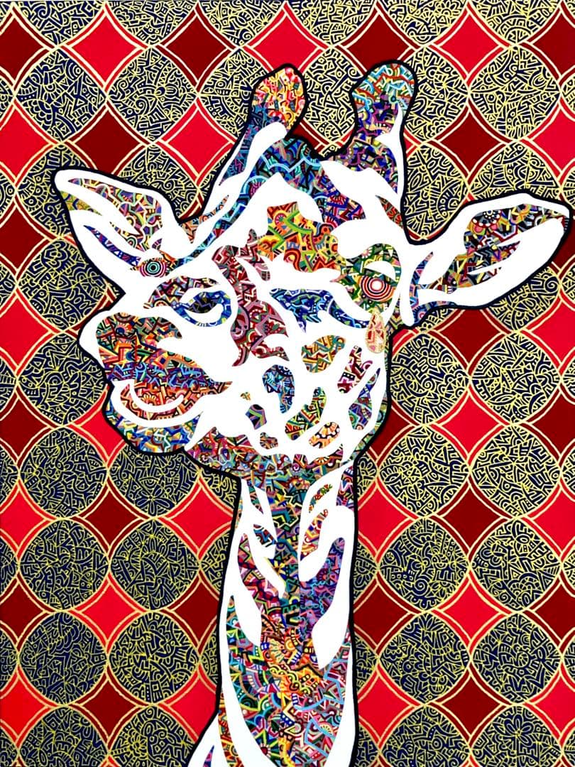 値下げ　原画　キリン　動物画　絵画　アクリル画　現代アート　細密画　一点物